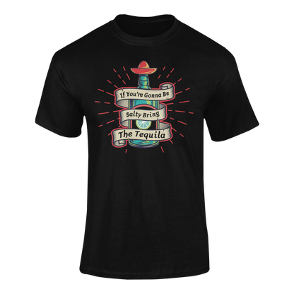 Ghosted mockup featuring the If You’re Gonna Be Salty, Bring the Tequila design with a bold tequila bottle, lime, and a festive sombrero.