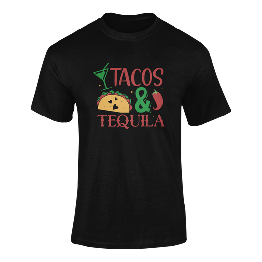 Ghosted mockup featuring the Tacos & Tequila design with a festive margarita glass, taco, and chili pepper, celebrating the perfect Mexican food and drink combo.