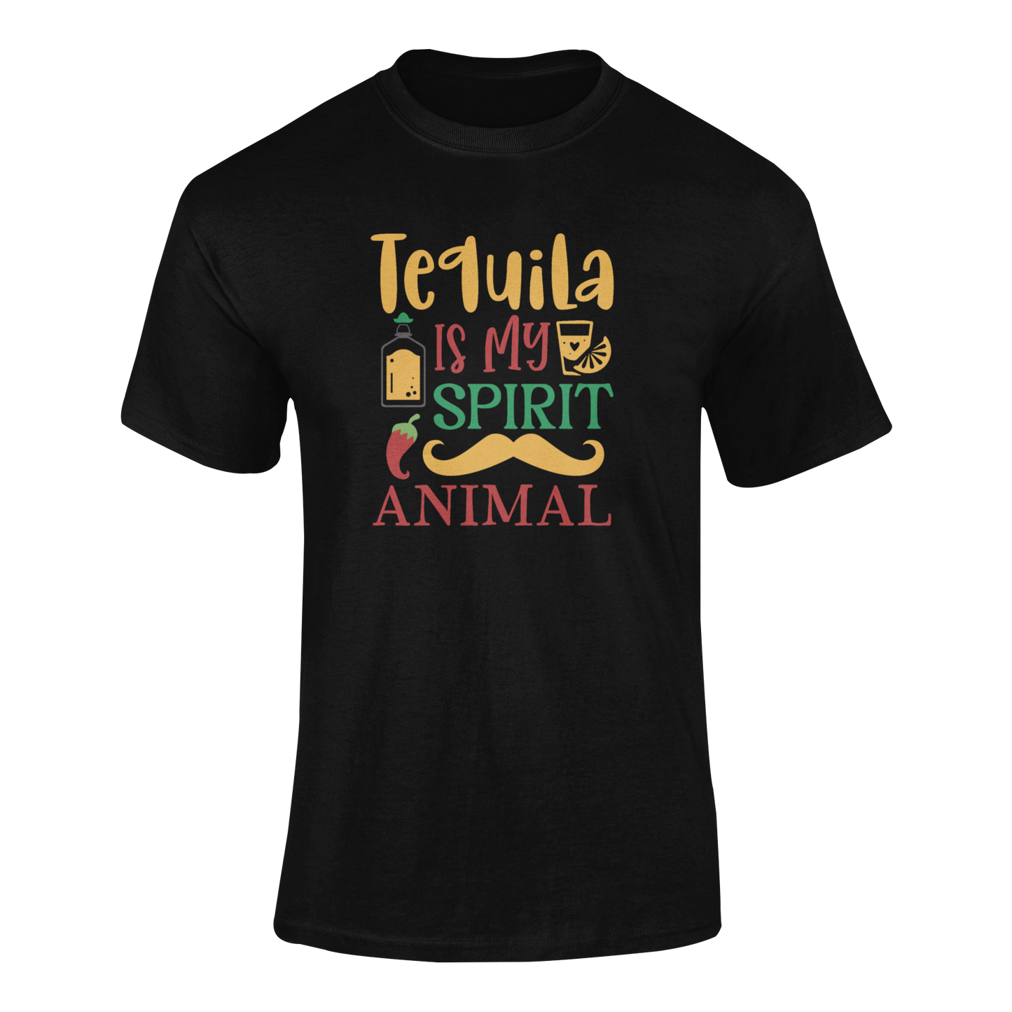 Ghosted mockup featuring the Tequila Is My Spirit Animal design with a tequila bottle, shot glass, chili pepper, and mustache—perfect for tequila lovers.