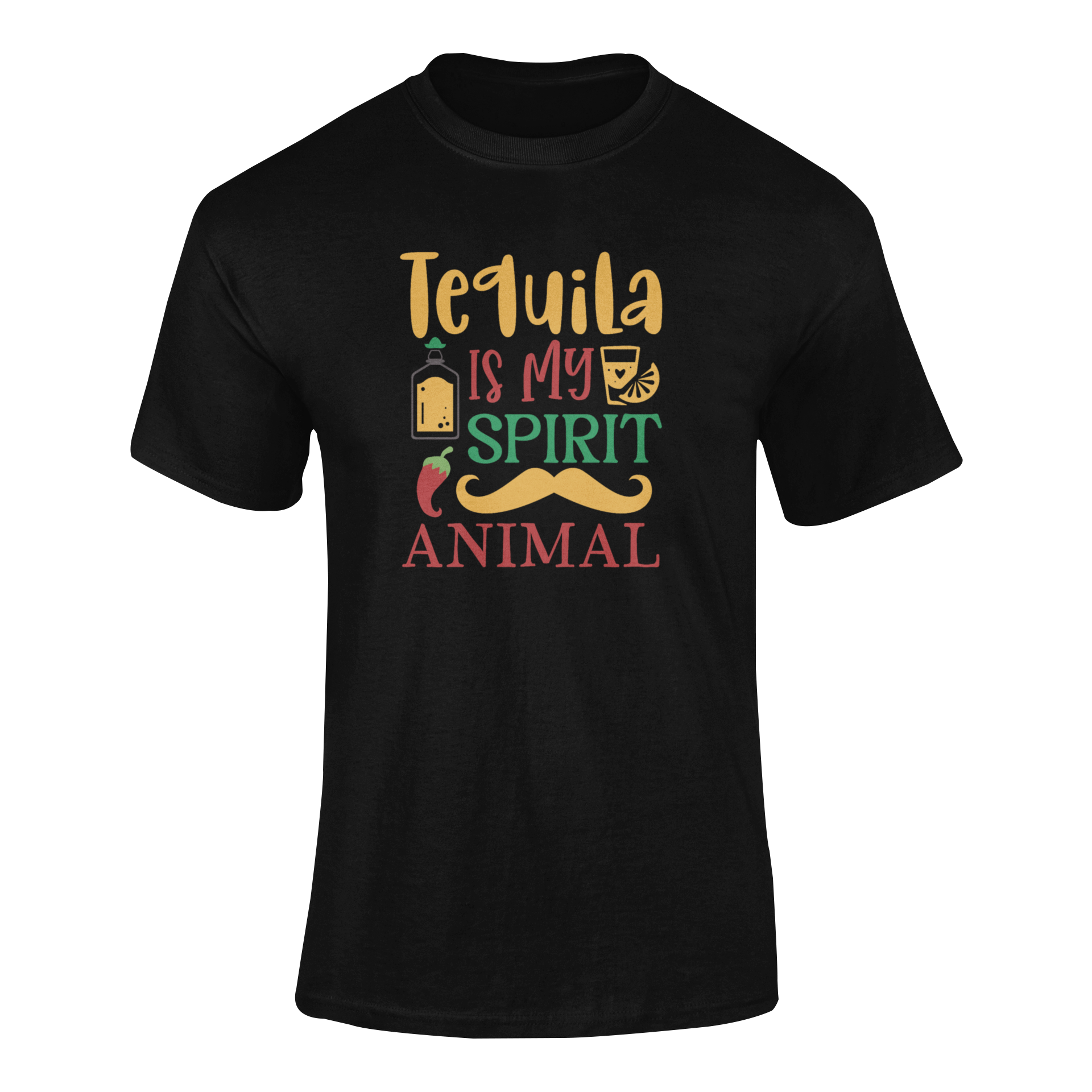 Ghosted mockup featuring the Tequila Is My Spirit Animal design with a tequila bottle, shot glass, chili pepper, and mustache—perfect for tequila lovers.