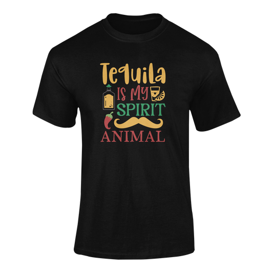 Ghosted mockup featuring the Tequila Is My Spirit Animal design with a tequila bottle, shot glass, chili pepper, and mustache—perfect for tequila lovers.