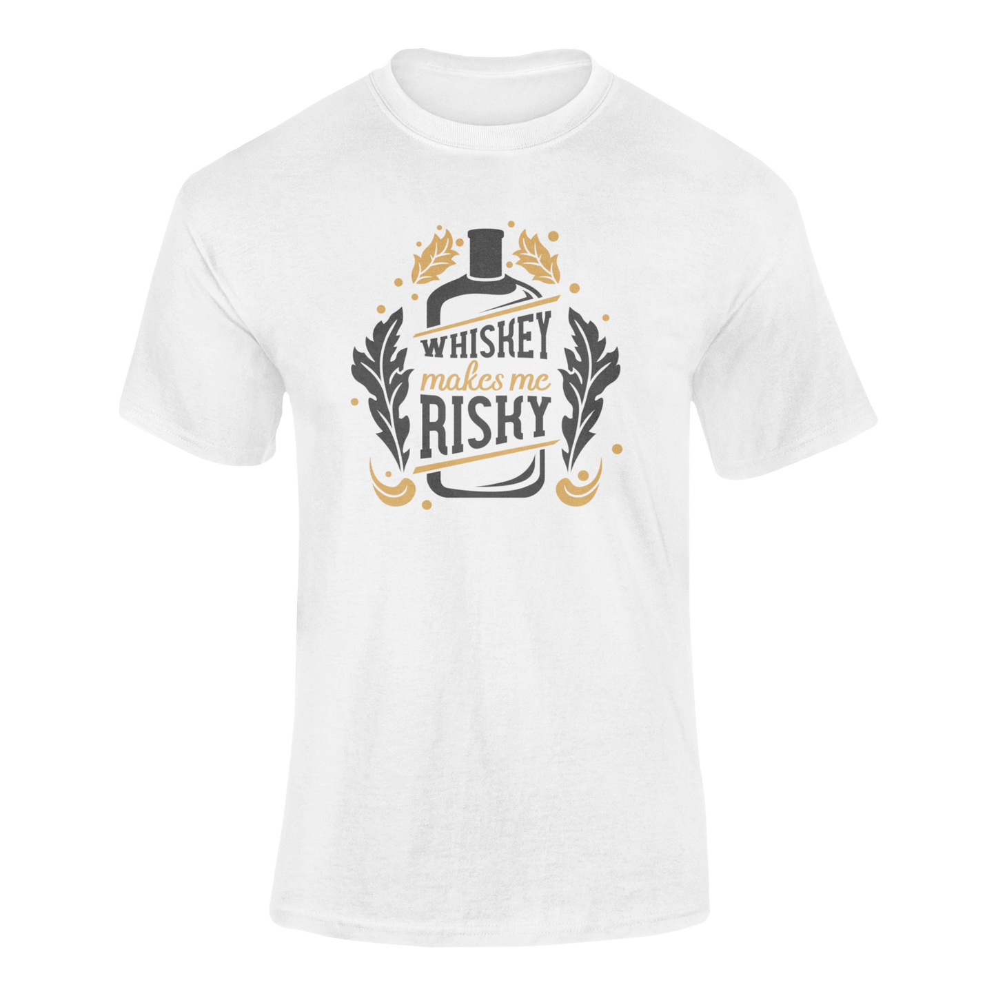 Ghosted mockup of "Whiskey Makes Me Risky" t-shirt featuring a whiskey bottle, oak leaves, and bold typography.