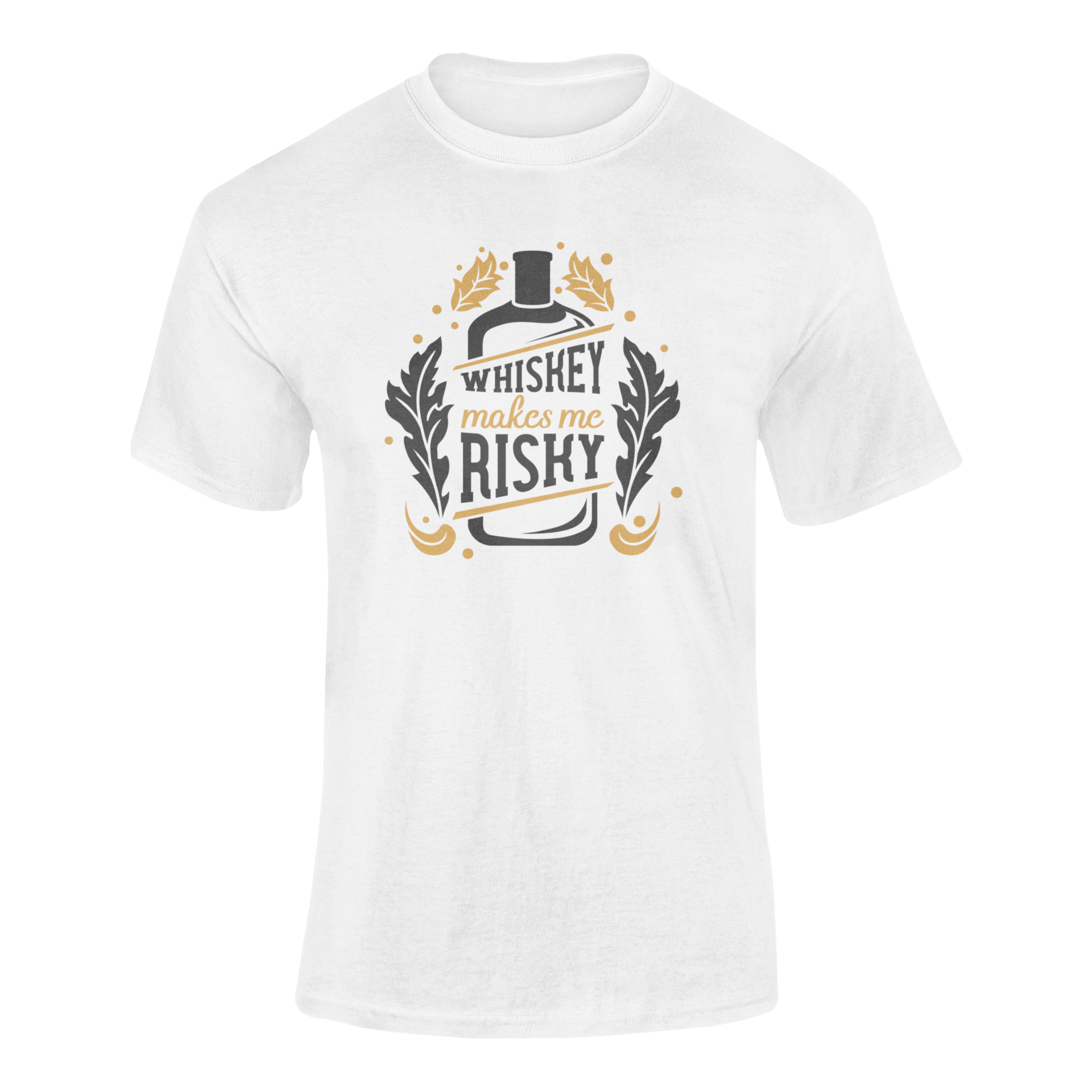 Ghosted mockup of "Whiskey Makes Me Risky" t-shirt featuring a whiskey bottle, oak leaves, and bold typography.