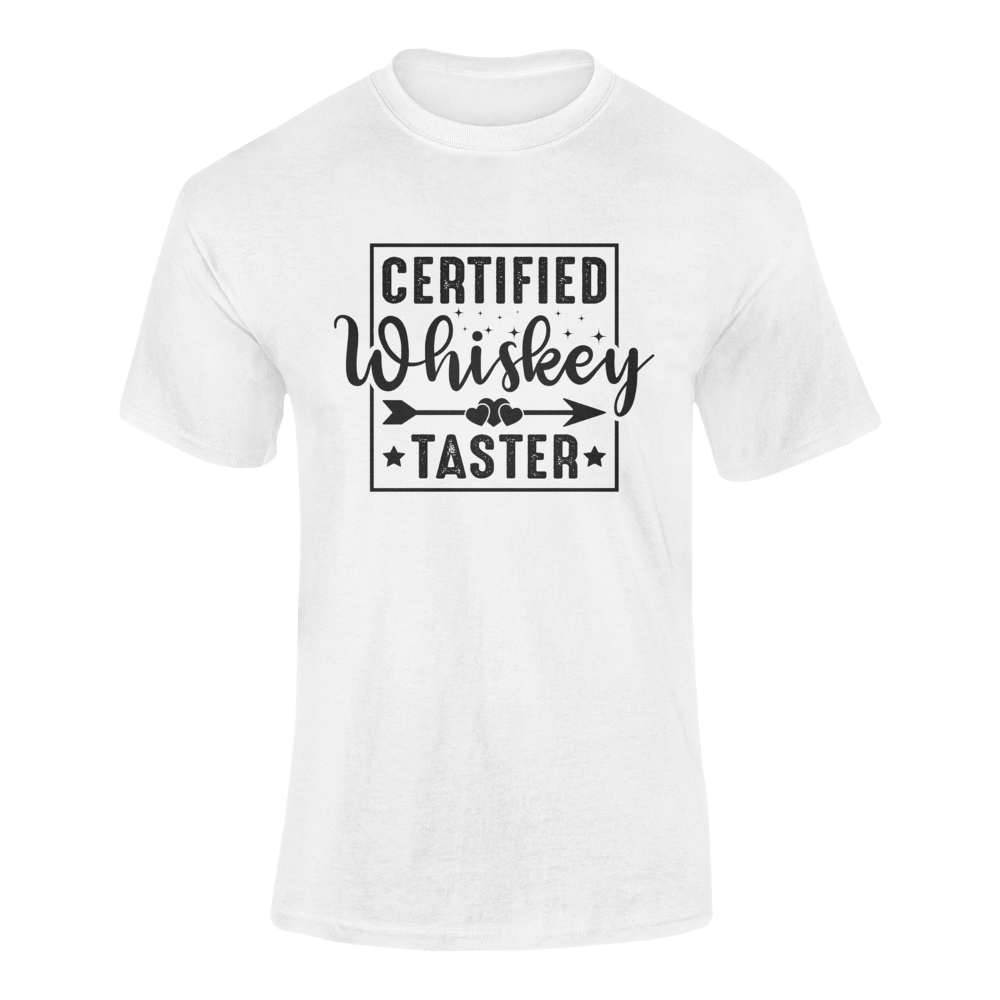 Ghosted mockup of "Certified Whiskey Taster" t-shirt featuring playful typography and star accents, ideal for bourbon and whiskey lovers.