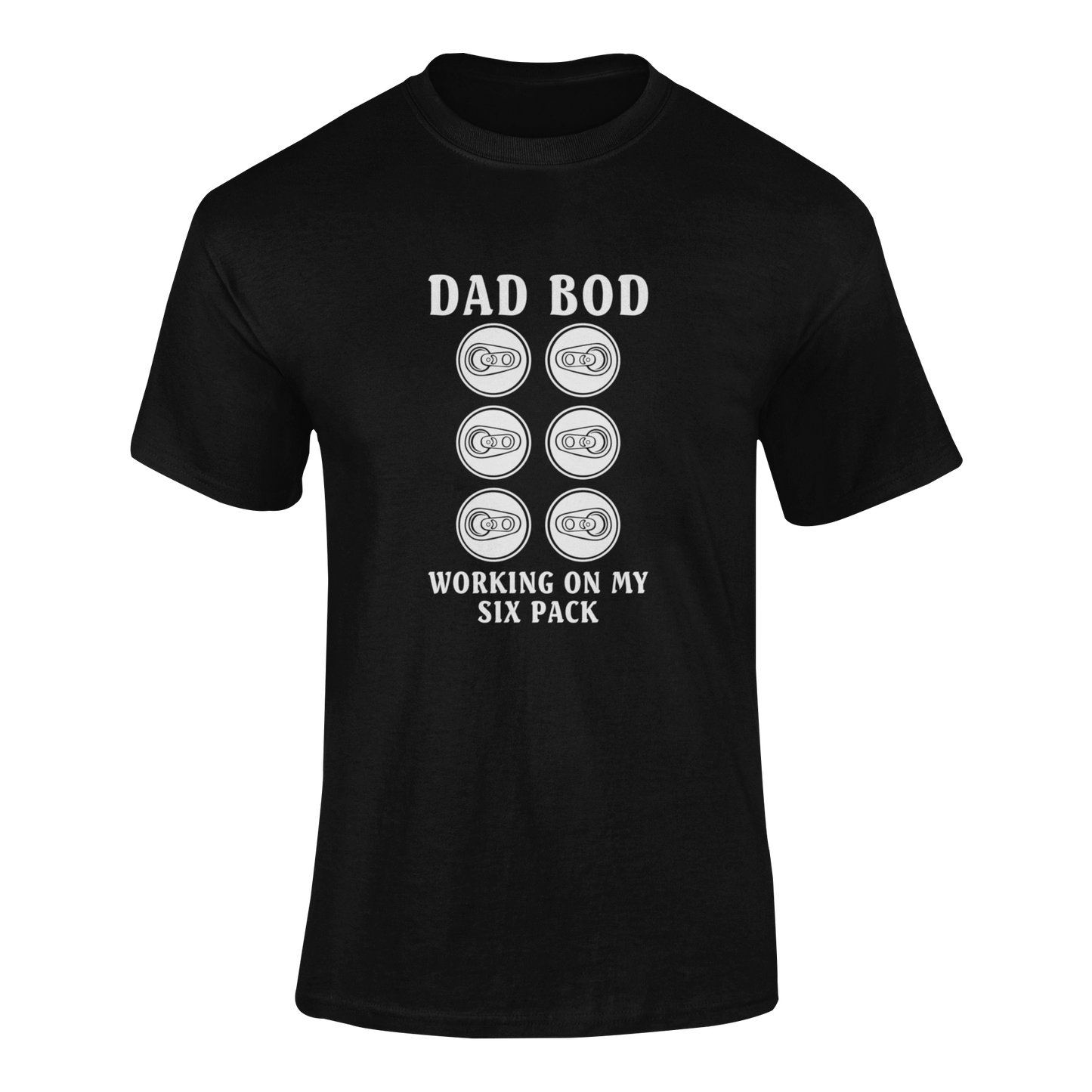 Ghosted mockup of "Dad Bod – Working on My Six Pack" t-shirt featuring six beer can tops in a six-pack formation.