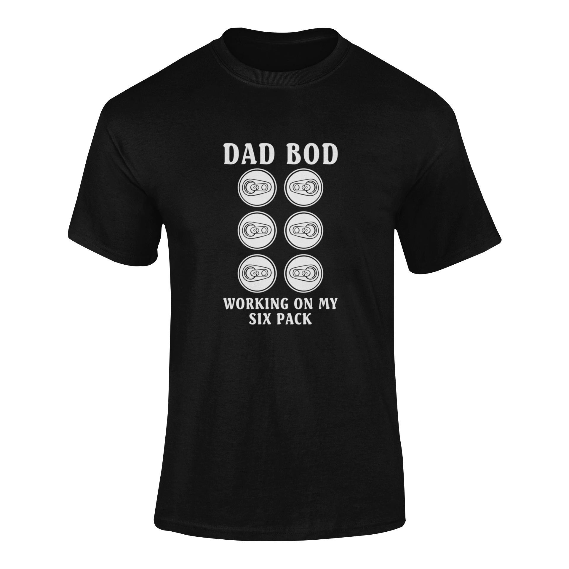 Ghosted mockup of "Dad Bod – Working on My Six Pack" t-shirt featuring six beer can tops in a six-pack formation.