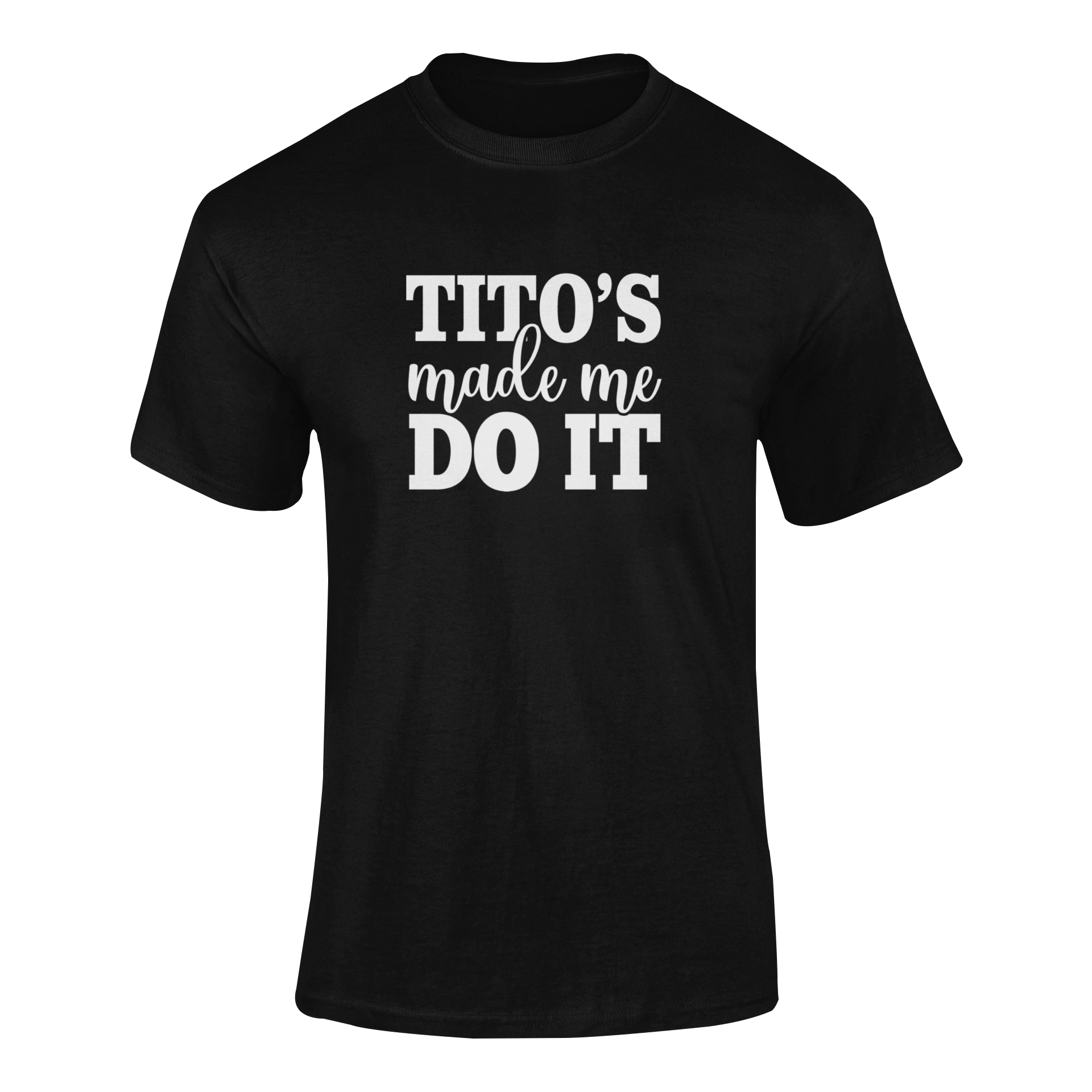 Ghosted mockup featuring the "Tito’s Made Me Do It" design, a fun vodka-inspired t-shirt perfect for party lovers and cocktail enthusiasts.