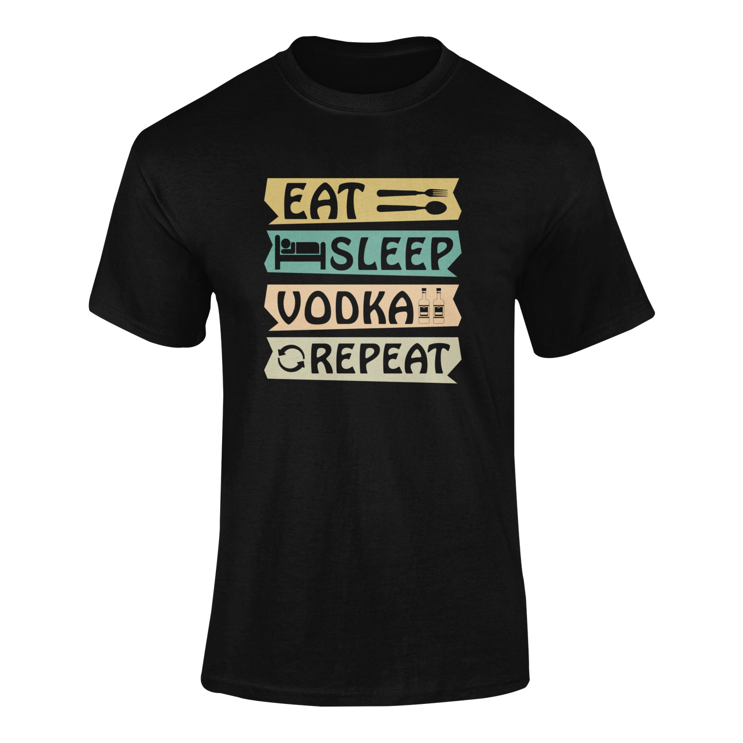 Ghosted mockup featuring the "Eat Sleep Vodka Repeat" design, a fun and bold drinking-themed t-shirt perfect for vodka lovers and party enthusiasts.