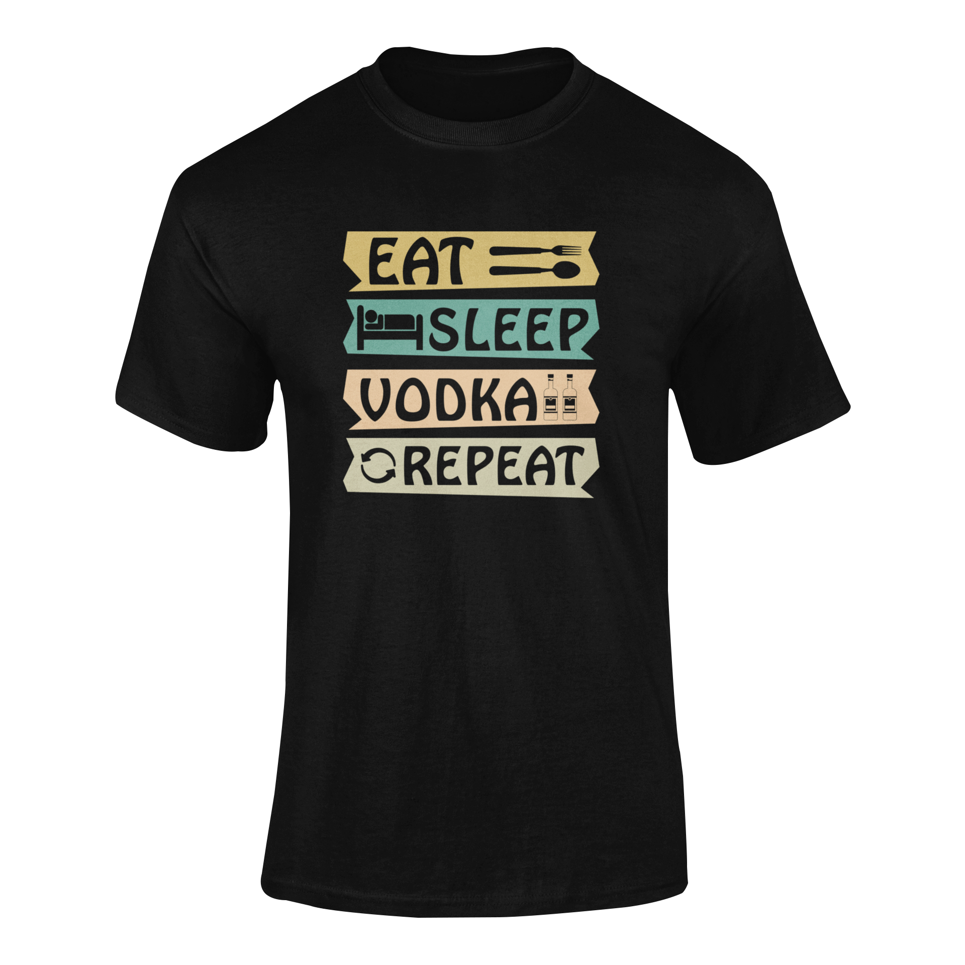 Ghosted mockup featuring the "Eat Sleep Vodka Repeat" design, a fun and bold drinking-themed t-shirt perfect for vodka lovers and party enthusiasts.
