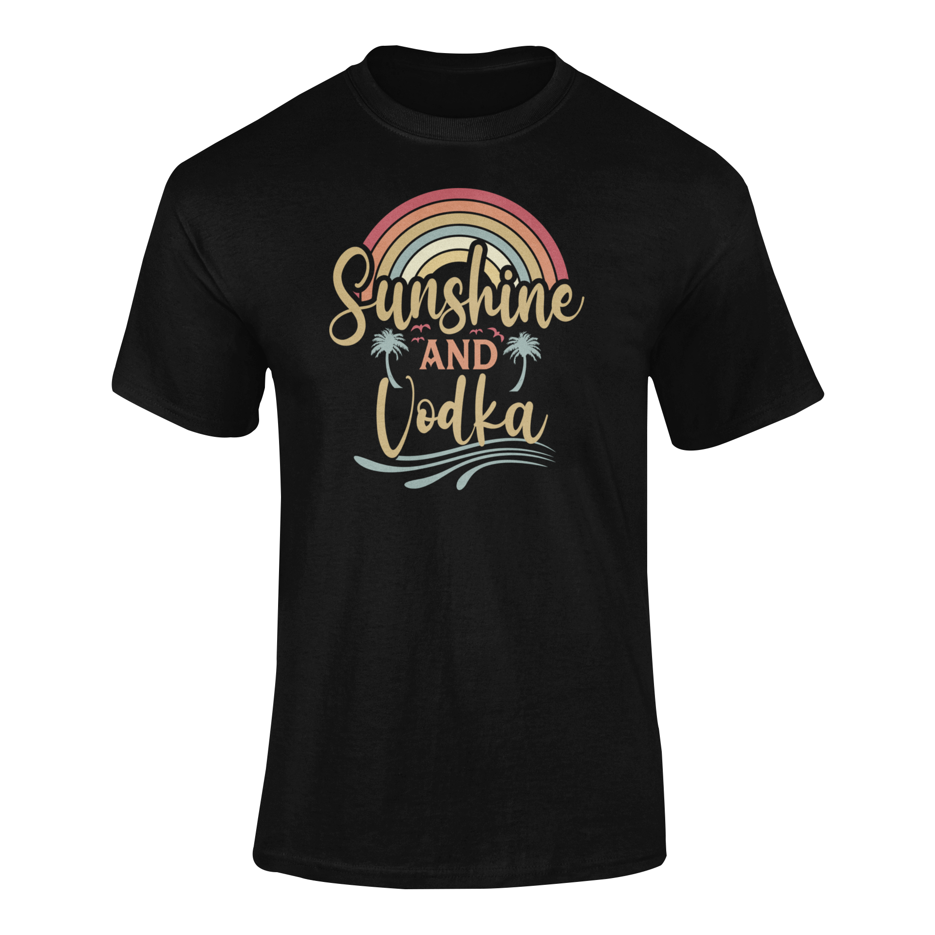 Ghosted mockup featuring the "Sunshine and Vodka" design, a fun beach-themed t-shirt for vodka lovers and tropical getaway enthusiasts.