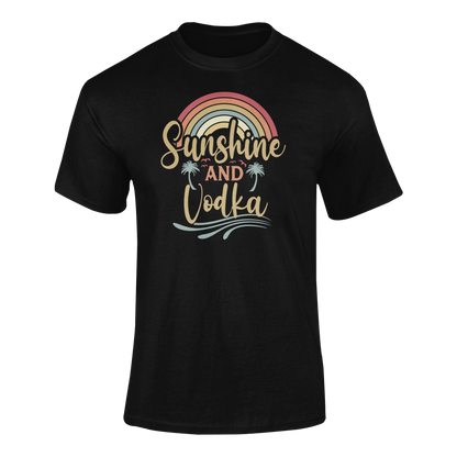 Ghosted mockup featuring the "Sunshine and Vodka" design, a fun beach-themed t-shirt for vodka lovers and tropical getaway enthusiasts.