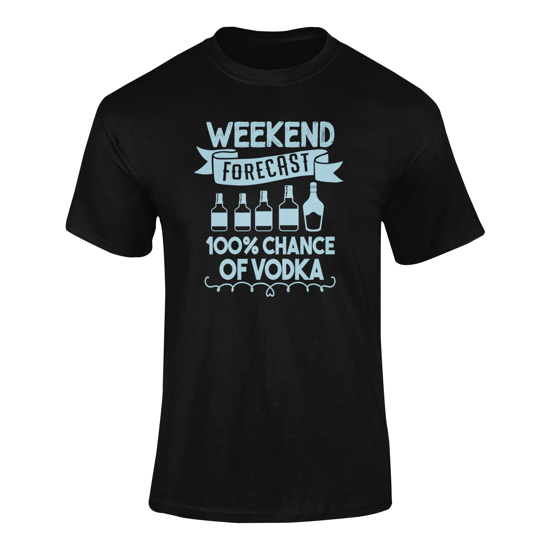 Ghosted mockup featuring the "Weekend Forecast: 100% Chance of Vodka" design, a fun graphic tee for vodka lovers and party enthusiasts.