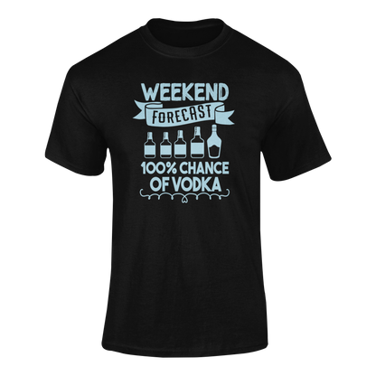 Ghosted mockup featuring the "Weekend Forecast: 100% Chance of Vodka" design, a fun graphic tee for vodka lovers and party enthusiasts.