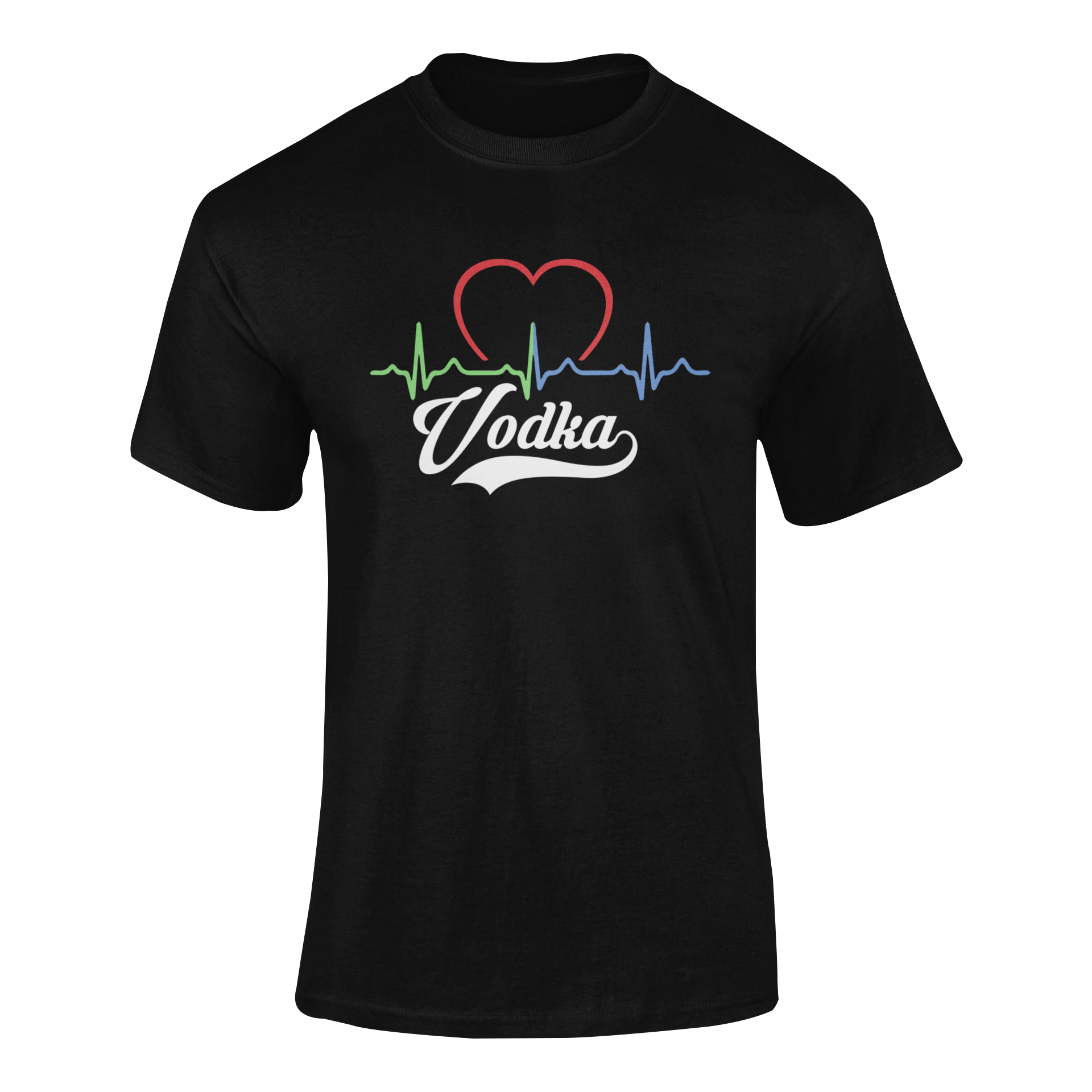 A stylish graphic tee featuring a heartbeat line with a heart and "Vodka" text—designed for true vodka enthusiasts and party lovers.