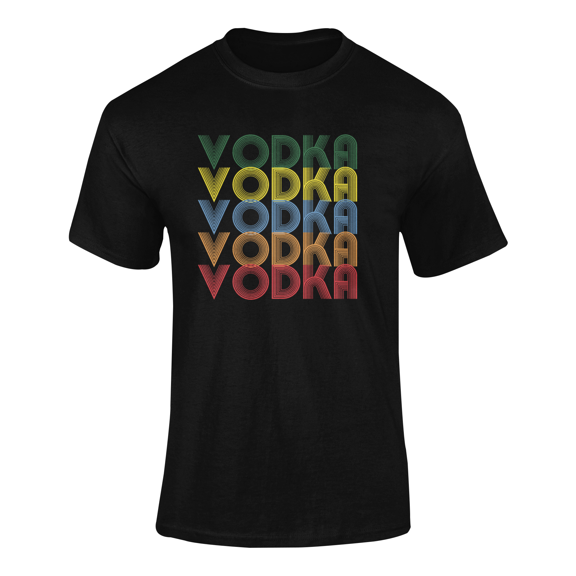 A stylish graphic t-shirt featuring stacked "Vodka" text in a vibrant rainbow color gradient—designed for vodka lovers and party enthusiasts.