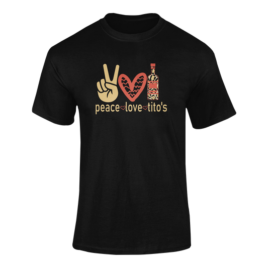 A vibrant "Peace, Love, Tito’s" graphic tee featuring a peace sign, heart, and leopard-print vodka bottle—perfect for Tito’s fans and cocktail lovers.