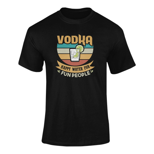A stylish vodka-themed t-shirt with a retro sunset, a cocktail glass with ice and lime, and the phrase Happy Water for Fun People.