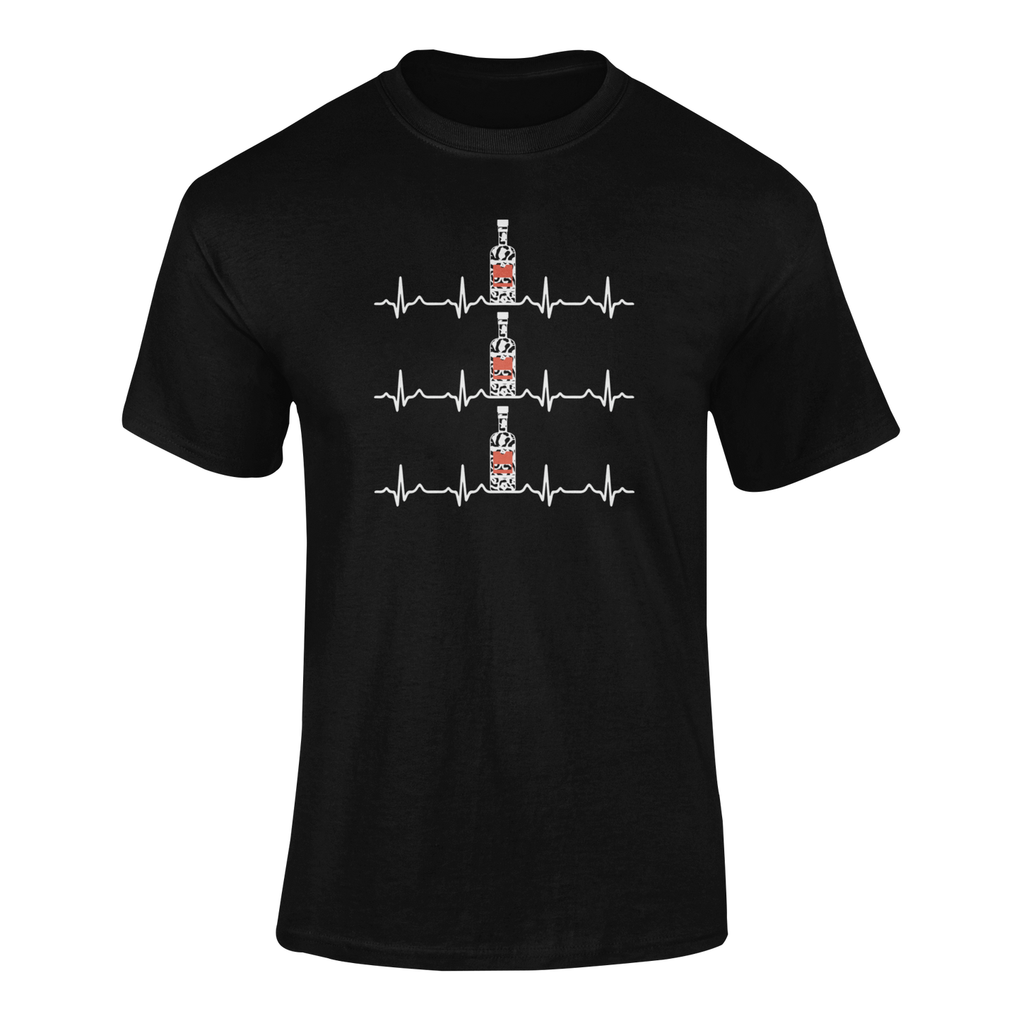A stylish vodka-themed t-shirt featuring EKG heart rate lines with leopard-print vodka bottles in between—perfect for Tito’s and cocktail lovers.