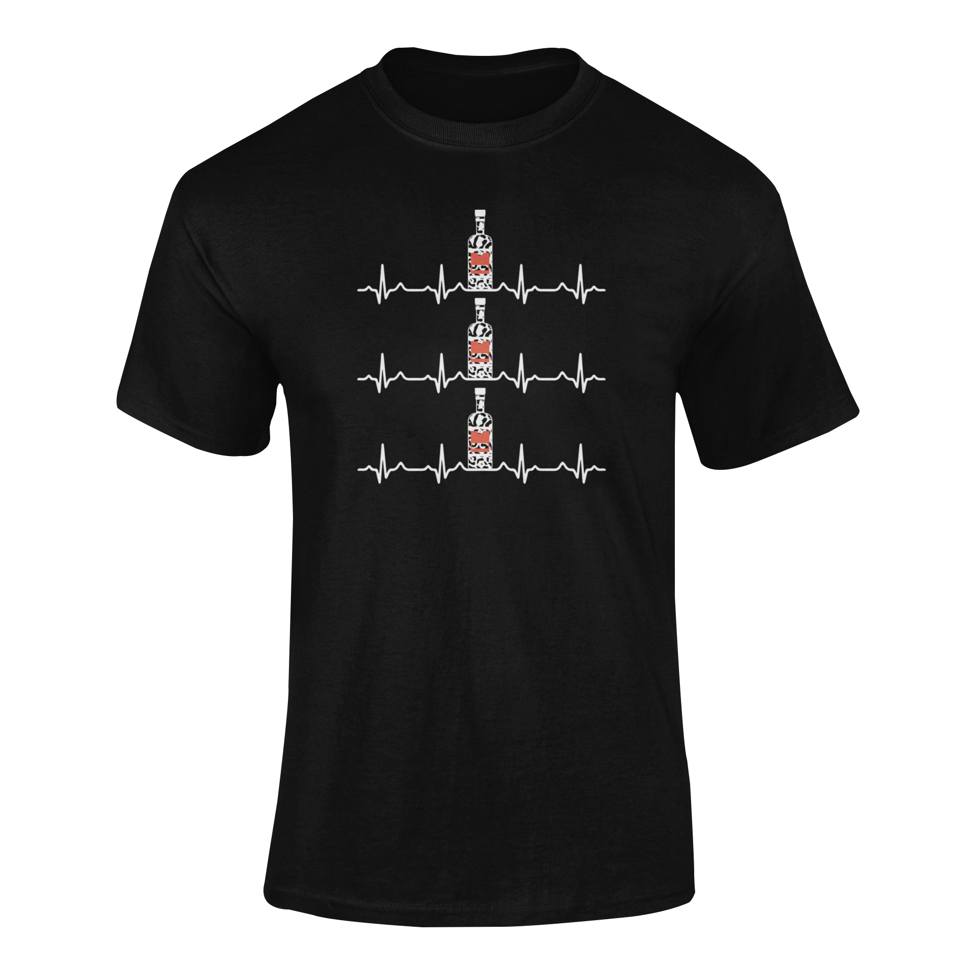 A stylish vodka-themed t-shirt featuring EKG heart rate lines with leopard-print vodka bottles in between—perfect for Tito’s and cocktail lovers.