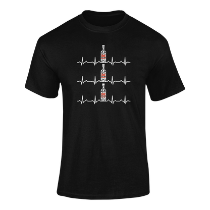 A stylish vodka-themed t-shirt featuring EKG heart rate lines with leopard-print vodka bottles in between—perfect for Tito’s and cocktail lovers.