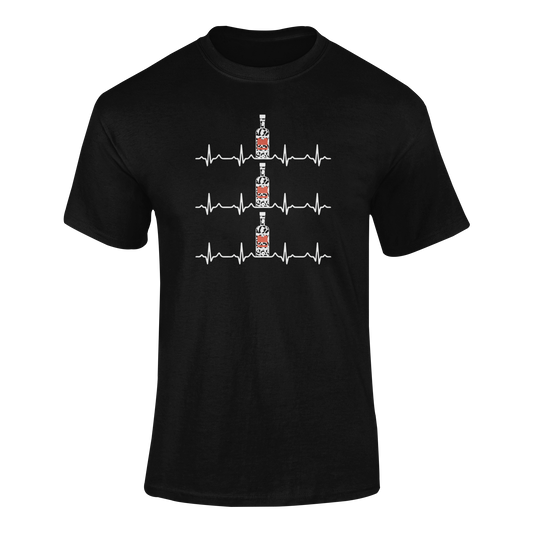 A stylish vodka-themed t-shirt featuring EKG heart rate lines with leopard-print vodka bottles in between—perfect for Tito’s and cocktail lovers.