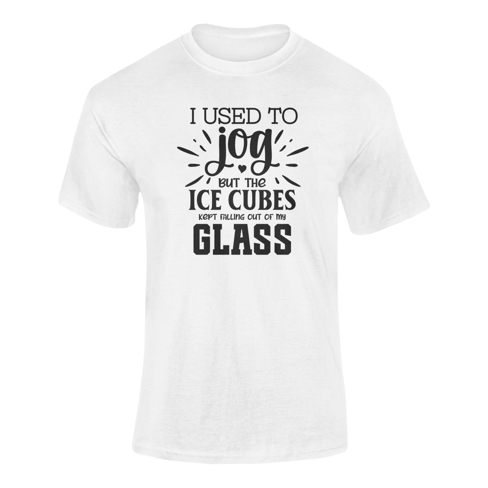 A ghosted mockup of the "I Used to Jog... But the Ice Cubes Kept Falling Out of My Glass" t-shirt design.