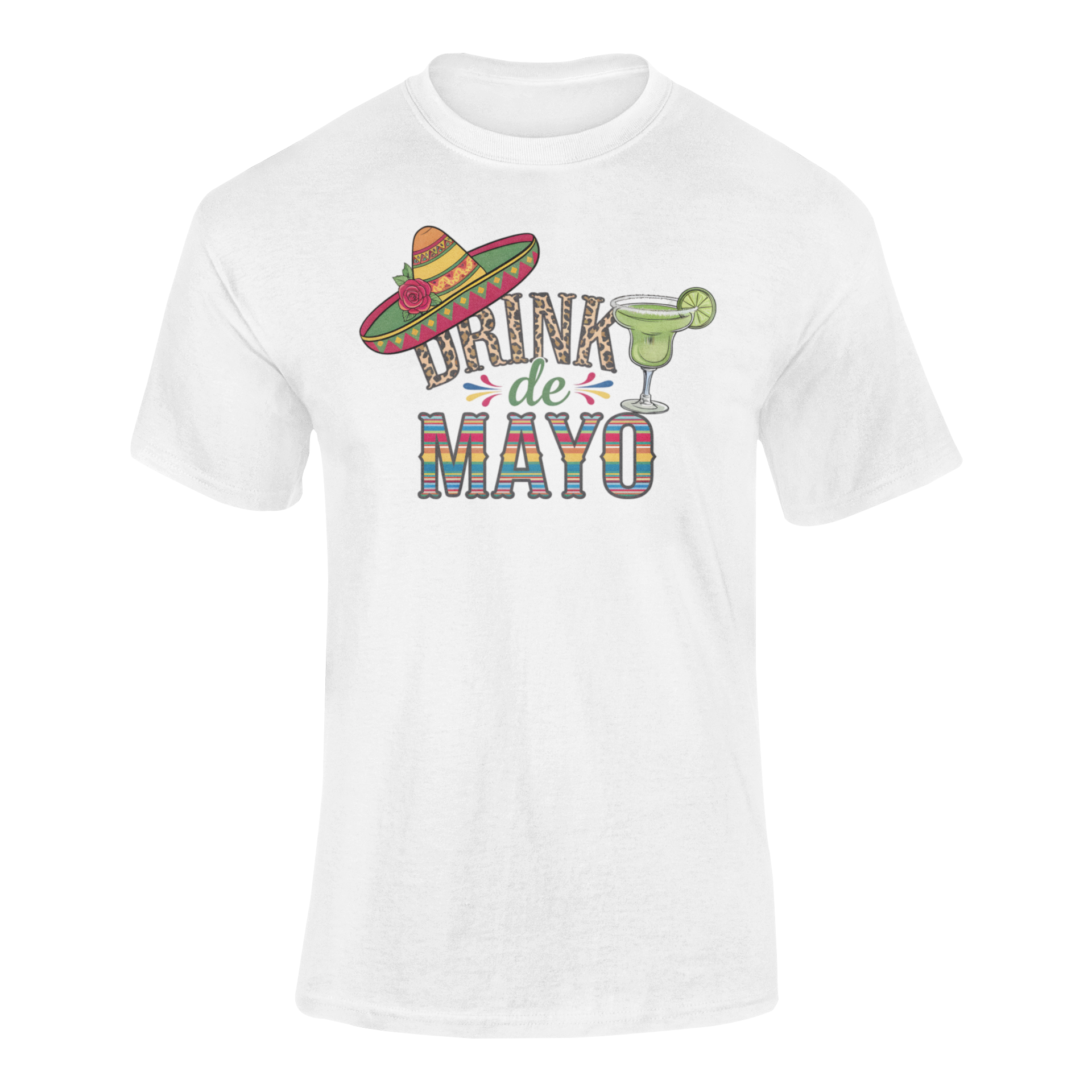 A ghosted mockup of the "Drink de Mayo" t-shirt design, featuring a sombrero, margarita, and festive lettering.