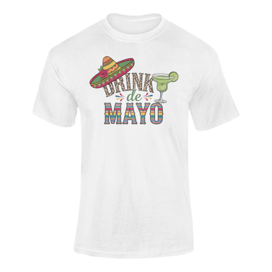 A ghosted mockup of the "Drink de Mayo" t-shirt design, featuring a sombrero, margarita, and festive lettering.