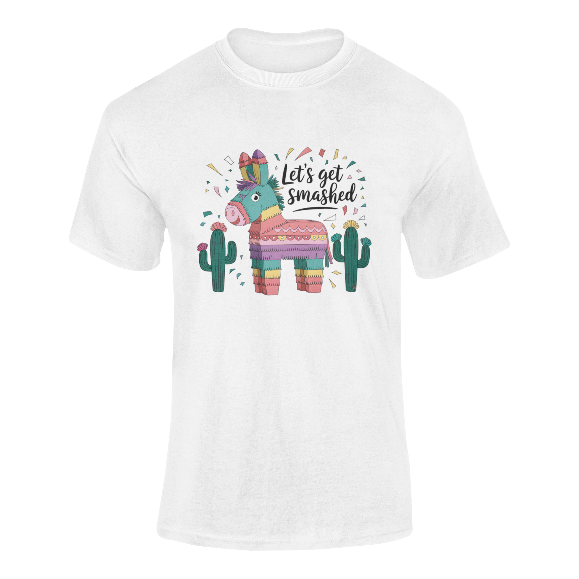 A ghosted mockup of the "Let's Get Smashed" t-shirt, featuring a colorful piñata, cacti, and confetti.