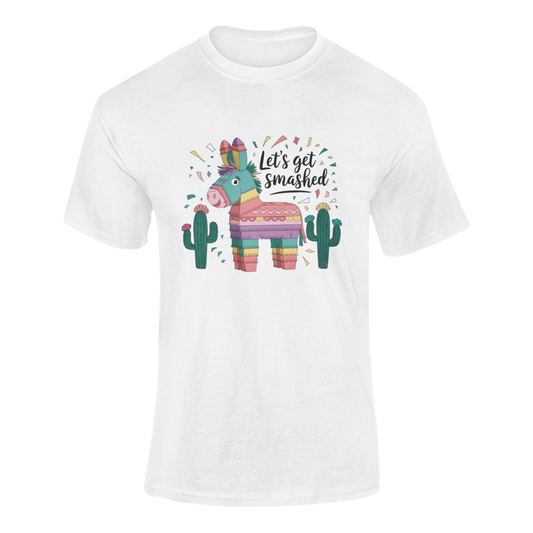 A ghosted mockup of the "Let's Get Smashed" t-shirt, featuring a colorful piñata, cacti, and confetti.