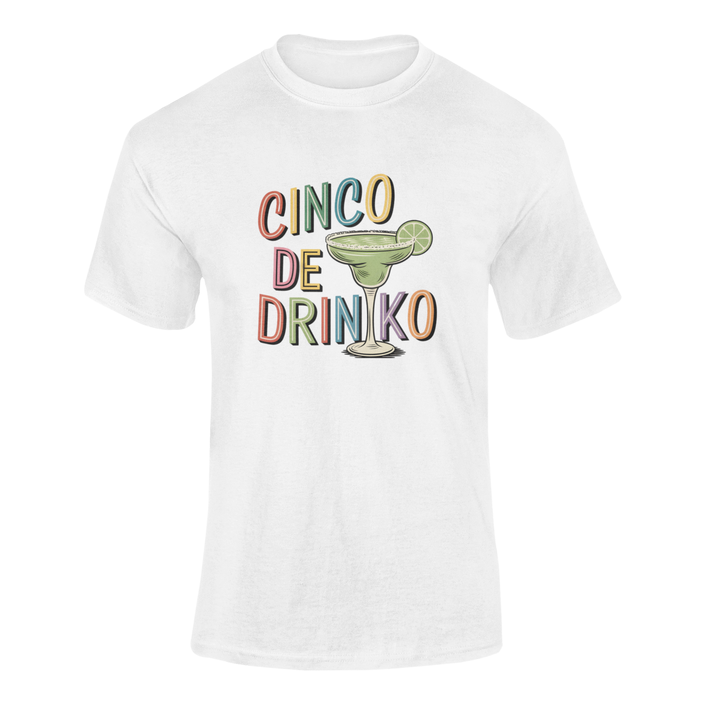A ghosted mockup of the "Cinco De Drinko" t-shirt, featuring a colorful margarita and festive lettering.