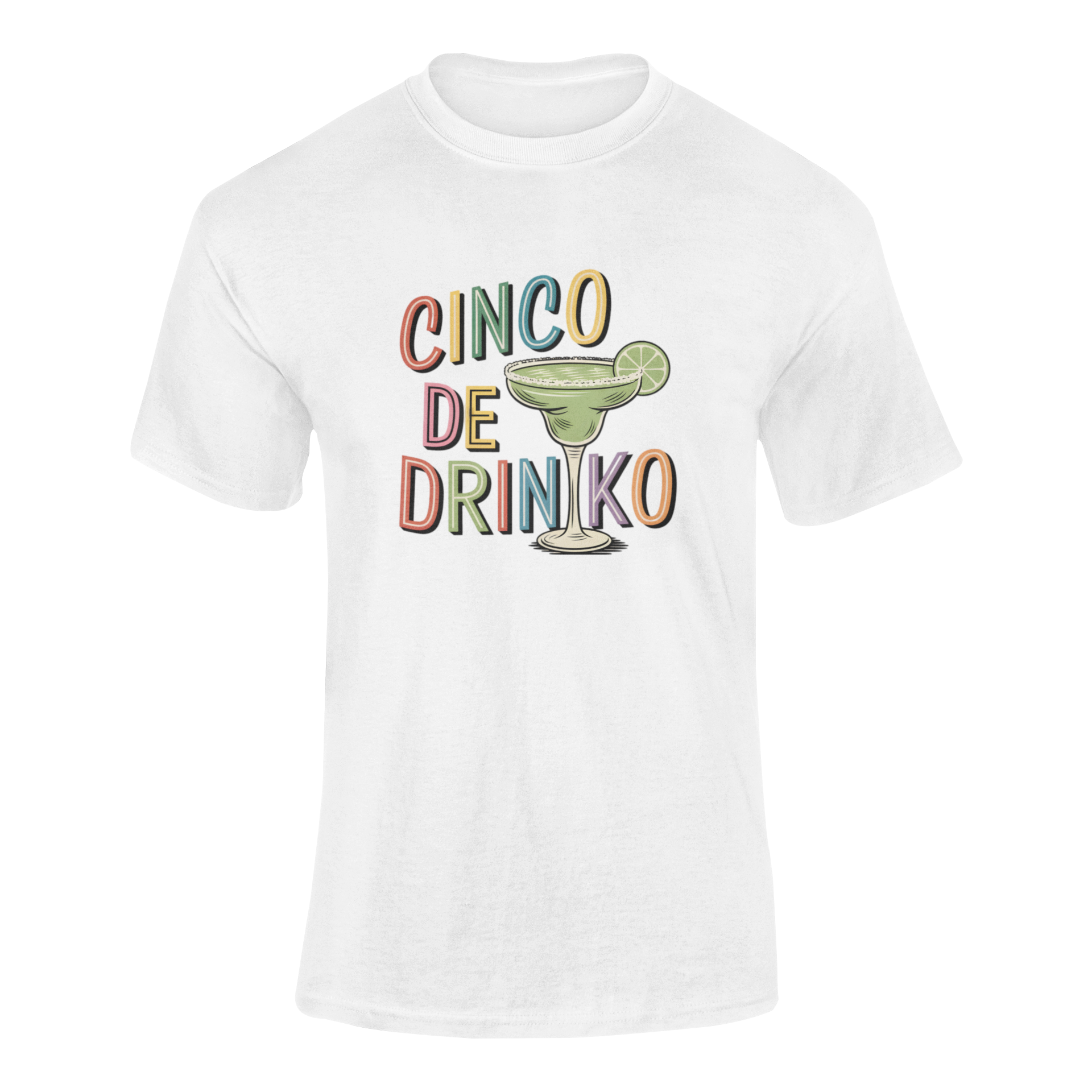 A ghosted mockup of the "Cinco De Drinko" t-shirt, featuring a colorful margarita and festive lettering.
