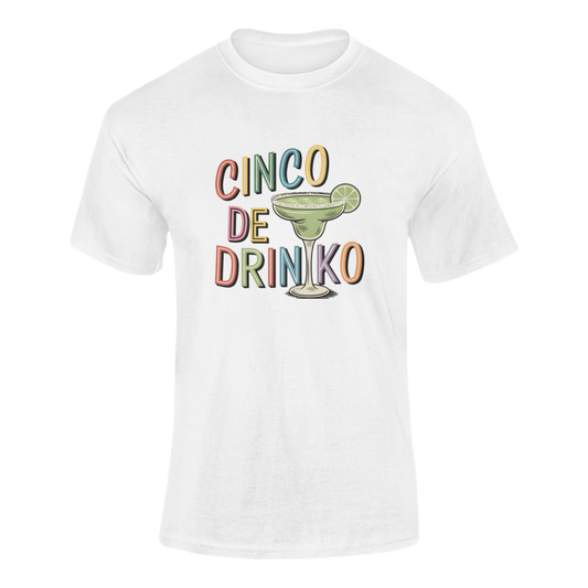 A ghosted mockup of the "Cinco De Drinko" t-shirt, featuring a colorful margarita and festive lettering.