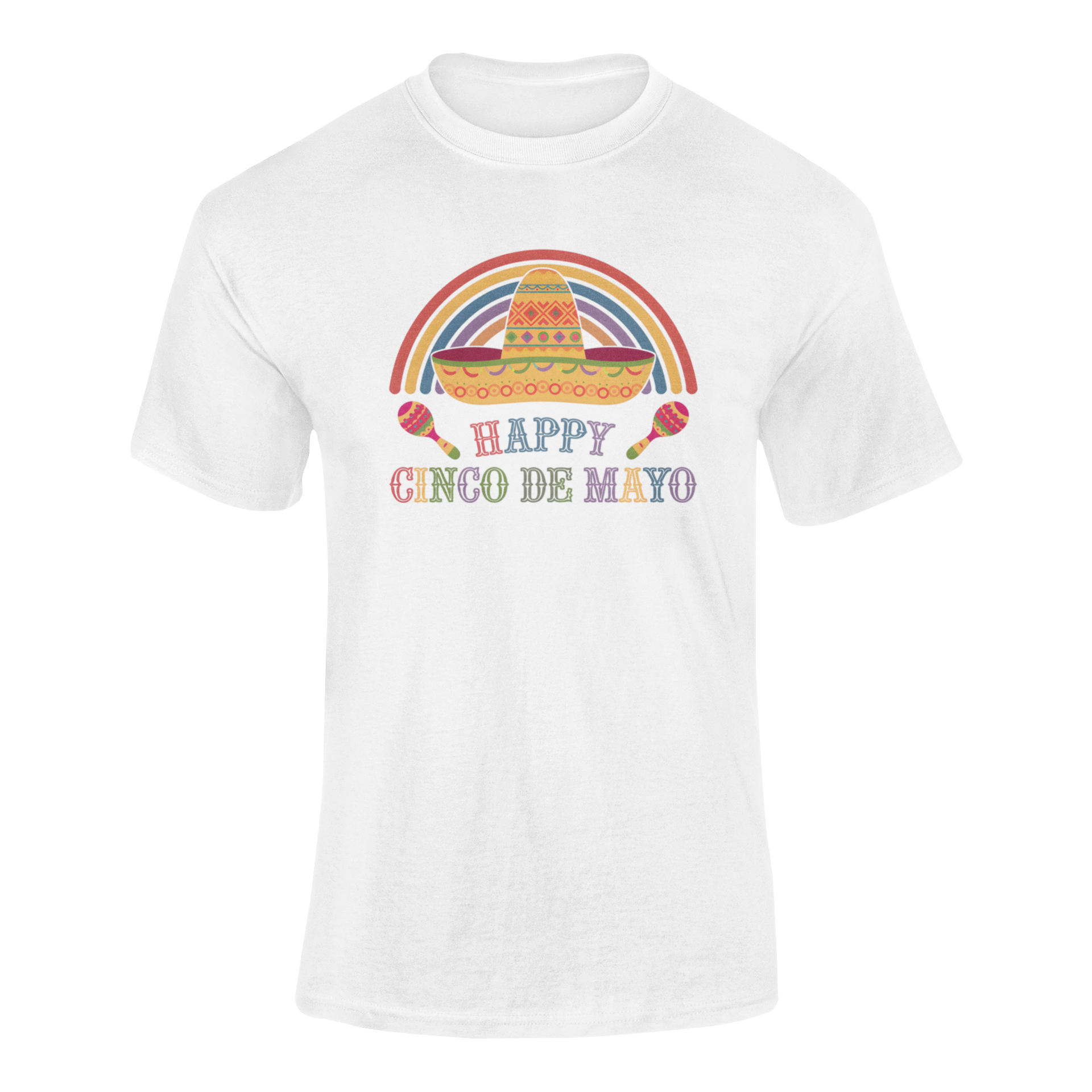 A ghosted mockup of the "Happy Cinco De Mayo" t-shirt, featuring a festive sombrero, rainbow, and maracas.