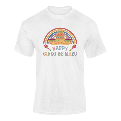 A ghosted mockup of the "Happy Cinco De Mayo" t-shirt, featuring a festive sombrero, rainbow, and maracas.