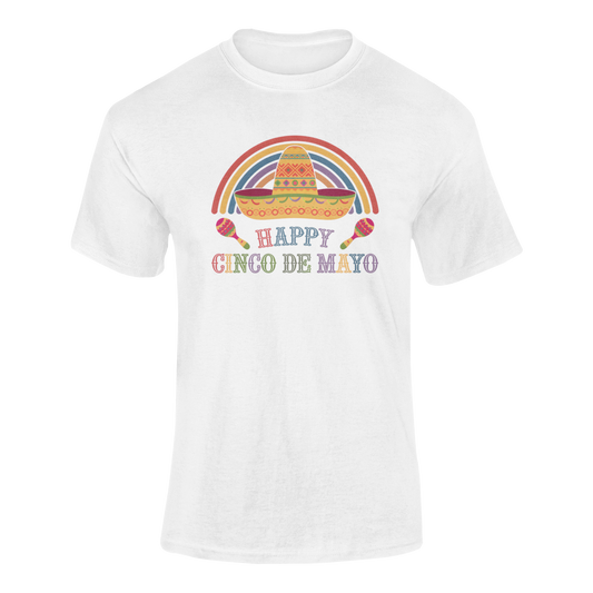 A ghosted mockup of the "Happy Cinco De Mayo" t-shirt, featuring a festive sombrero, rainbow, and maracas.