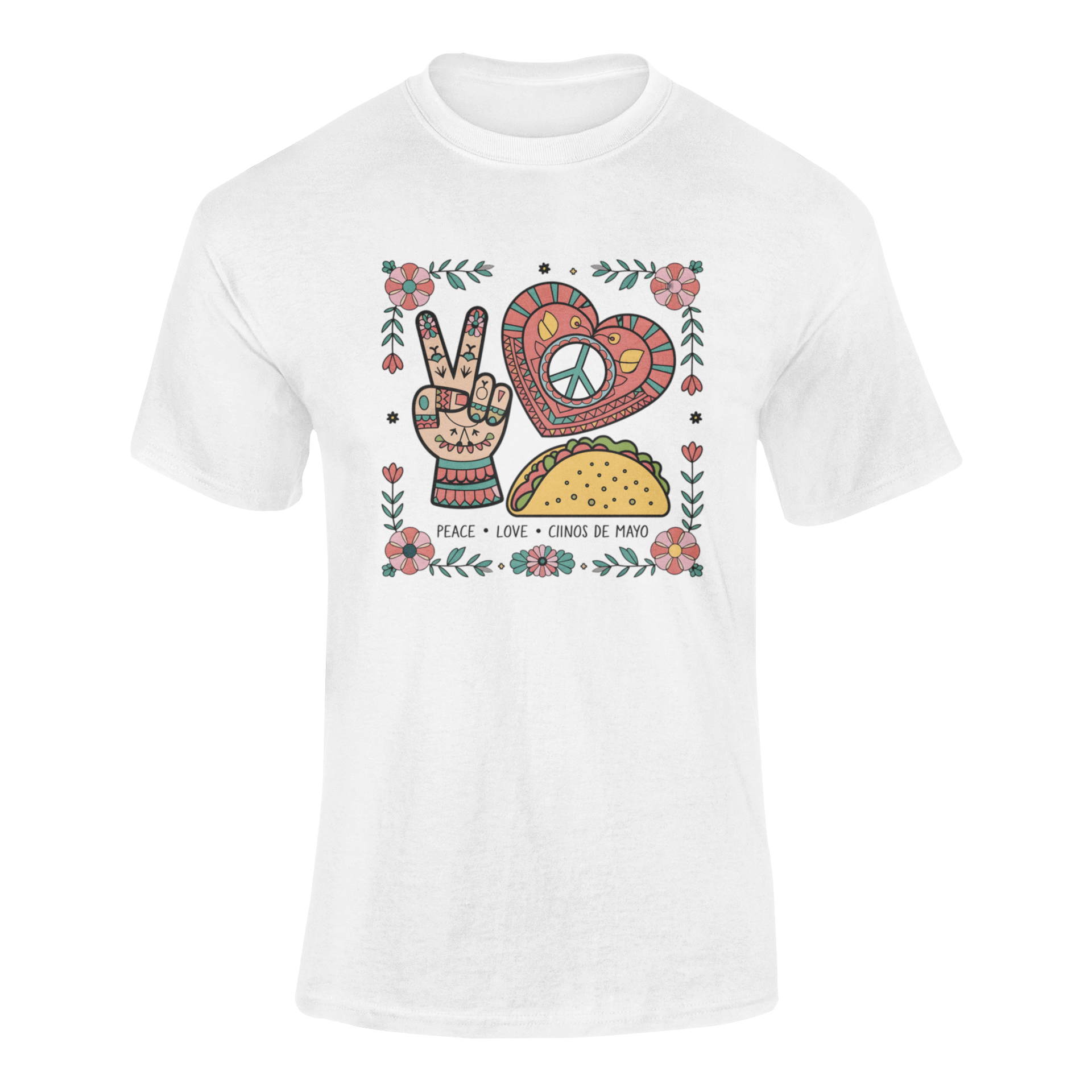 A ghosted mockup of the "Peace, Love, Cinco De Mayo" t-shirt, featuring a colorful peace sign, heart, and taco design.