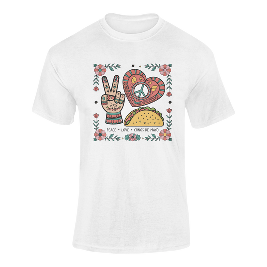 A ghosted mockup of the "Peace, Love, Cinco De Mayo" t-shirt, featuring a colorful peace sign, heart, and taco design.