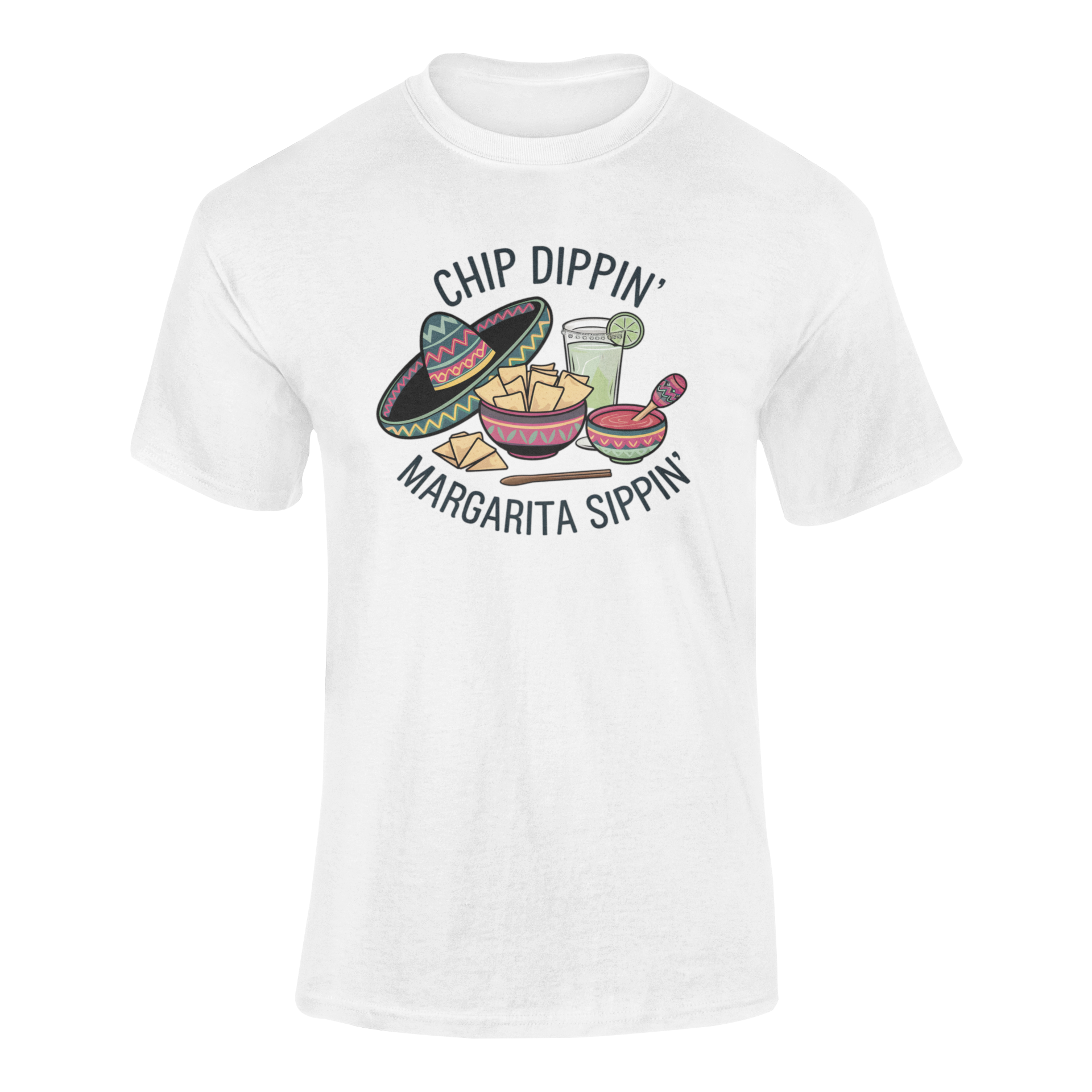 A ghosted mockup of the "Chip Dippin' Margarita Sippin'" t-shirt, featuring a festive design with chips, salsa, a margarita, and a sombrero.