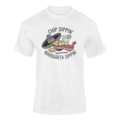 A ghosted mockup of the "Chip Dippin' Margarita Sippin'" t-shirt, featuring a festive design with chips, salsa, a margarita, and a sombrero.