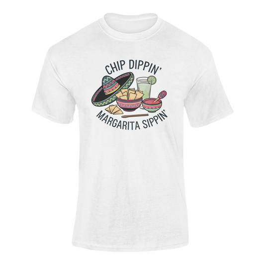 A ghosted mockup of the "Chip Dippin' Margarita Sippin'" t-shirt, featuring a festive design with chips, salsa, a margarita, and a sombrero.