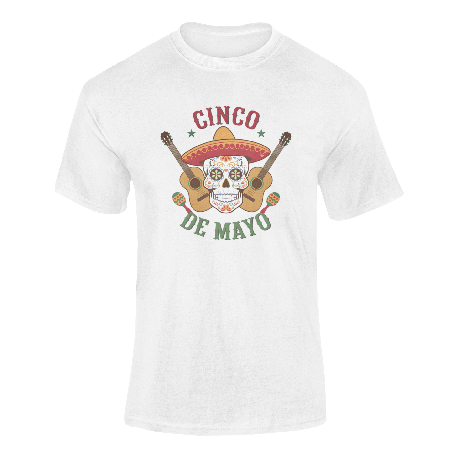 A ghosted mockup of the "Cinco De Mayo Fiesta Skull" t-shirt featuring a sugar skull with a sombrero, guitars, and maracas.
