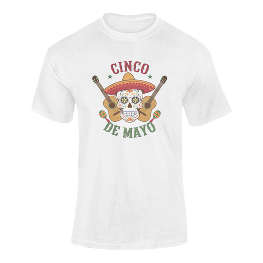 A ghosted mockup of the "Cinco De Mayo Fiesta Skull" t-shirt featuring a sugar skull with a sombrero, guitars, and maracas.
