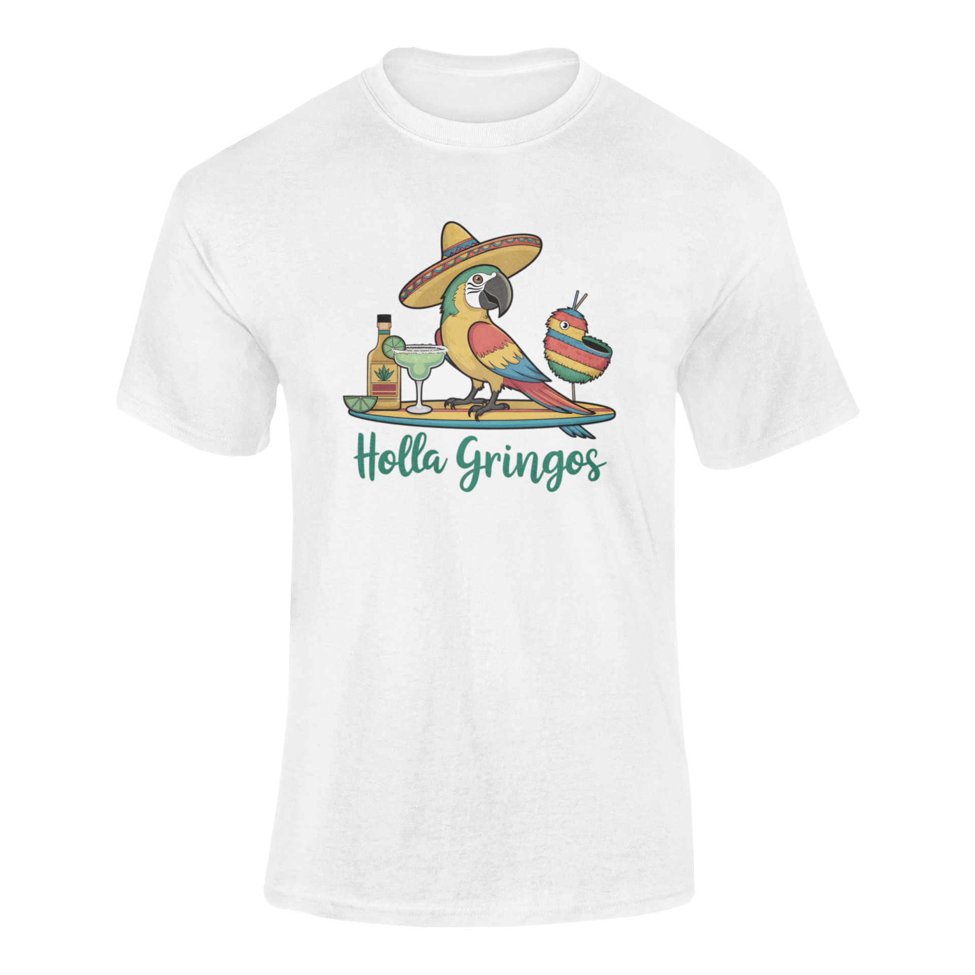 A ghosted mockup of the "Holla Gringos" Cinco de Mayo t-shirt featuring a parrot in a sombrero with a margarita and tequila bottle.