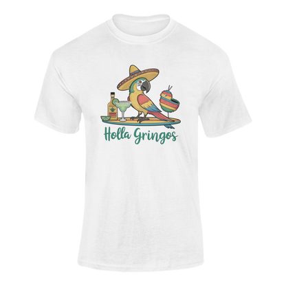 A ghosted mockup of the "Holla Gringos" Cinco de Mayo t-shirt featuring a parrot in a sombrero with a margarita and tequila bottle.