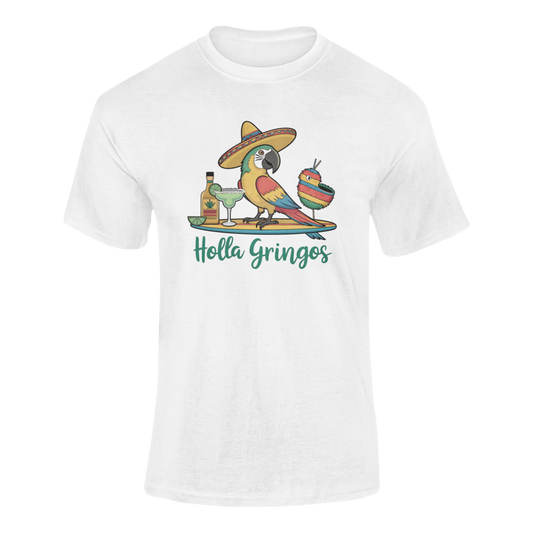 A ghosted mockup of the "Holla Gringos" Cinco de Mayo t-shirt featuring a parrot in a sombrero with a margarita and tequila bottle.