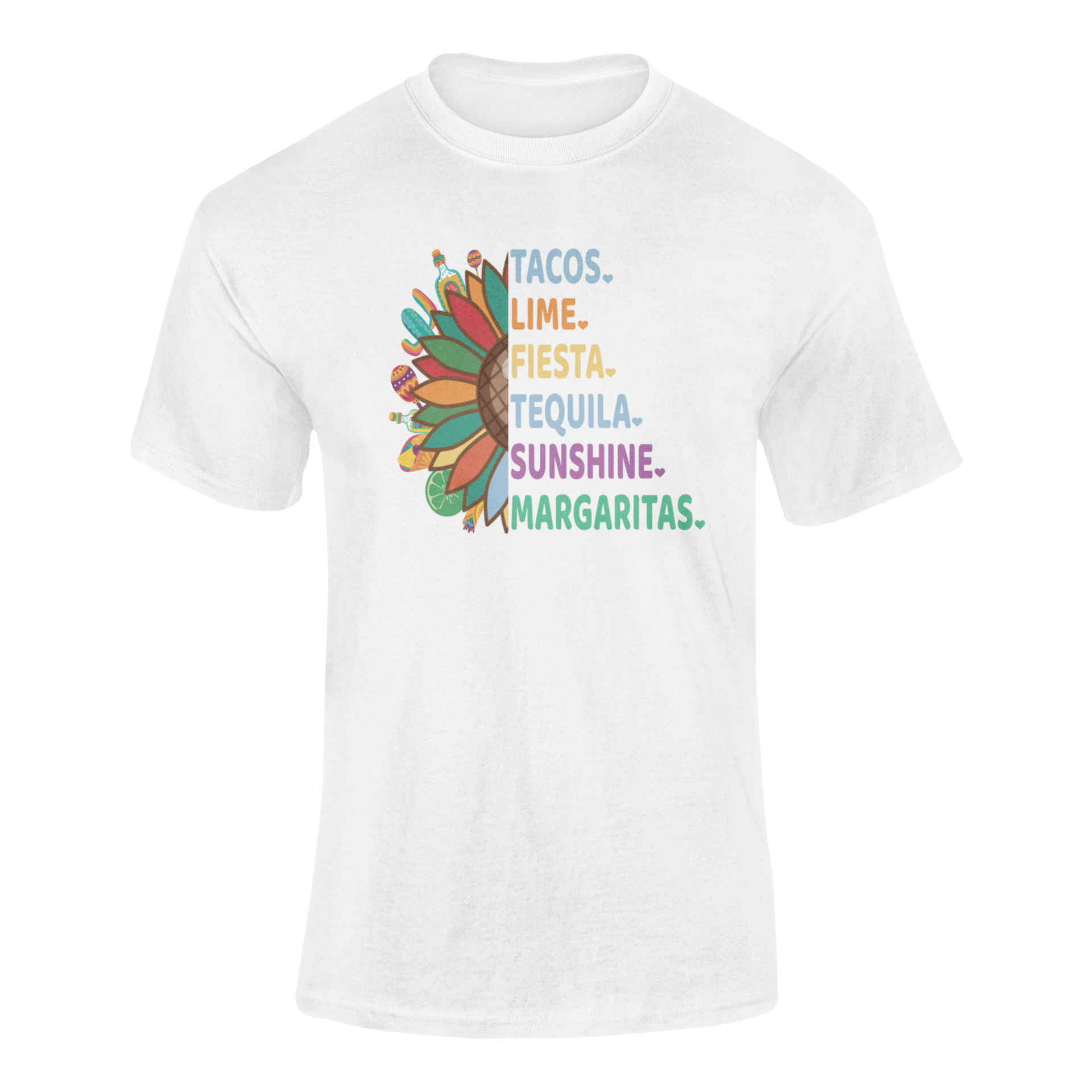 A vibrant t-shirt with a sunflower design, featuring tacos, limes, tequila bottles, and a Cinco de Mayo party checklist.