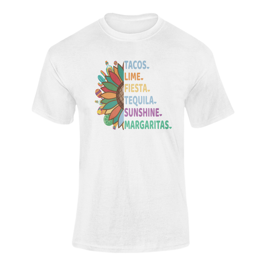 A vibrant t-shirt with a sunflower design, featuring tacos, limes, tequila bottles, and a Cinco de Mayo party checklist.