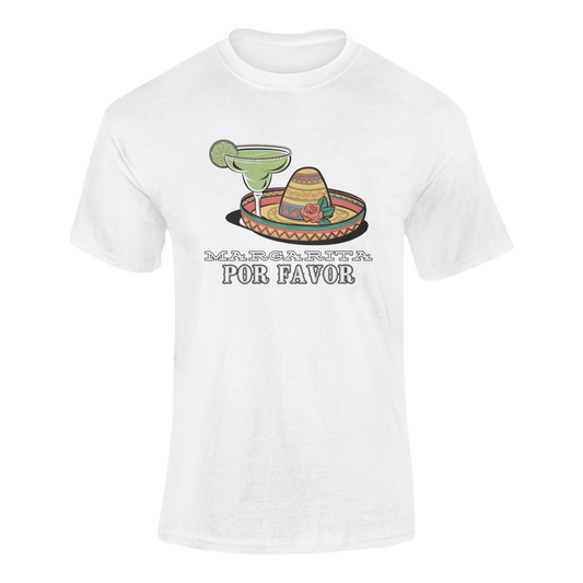 A festive t-shirt featuring a margarita glass, a colorful sombrero, and the phrase Margarita Por Favor in bold lettering.