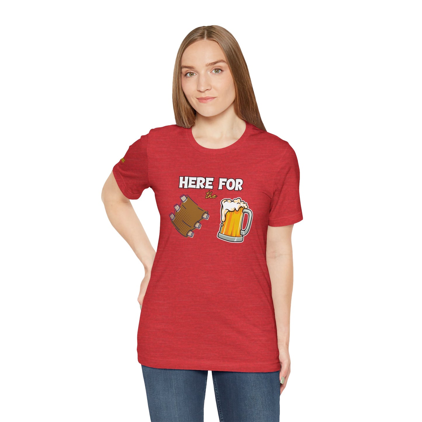 A fun BBQ t-shirt design featuring the phrase "Here for the Ribs & Beer" with cartoon-style ribs and a frothy beer mug—perfect for grill masters, beer lovers, and summer cookouts.